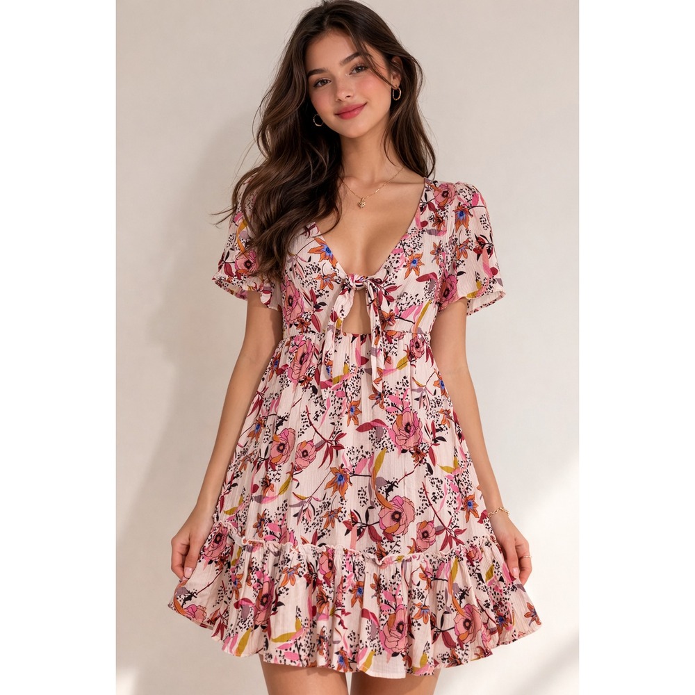 Altar'd‎ State Boho Floral Tie Front, Tiered Mini Dress